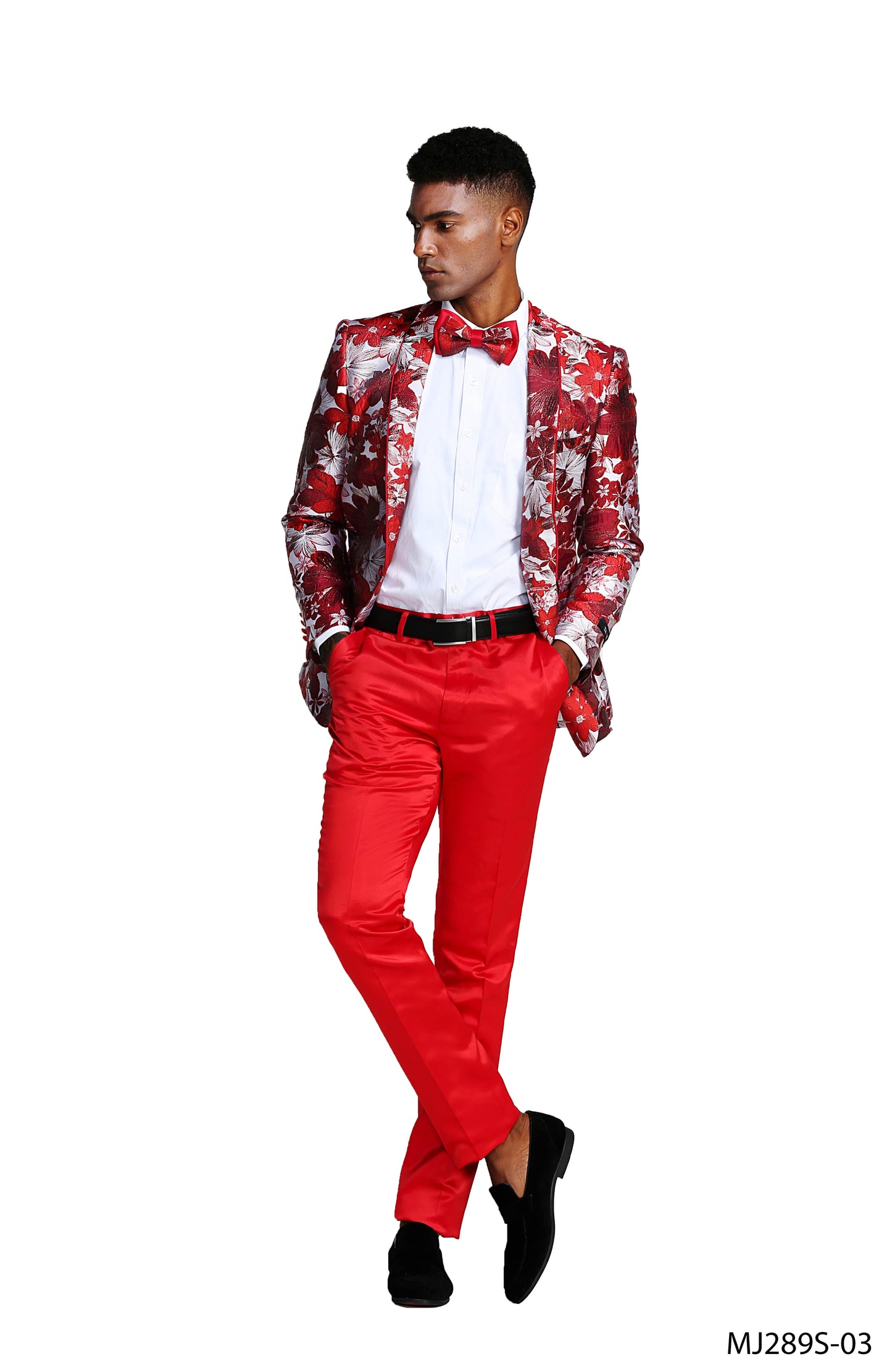 Red Floral Shawl Lapel Slim Fit Tazzio Men's Jacket With Matching BowTie