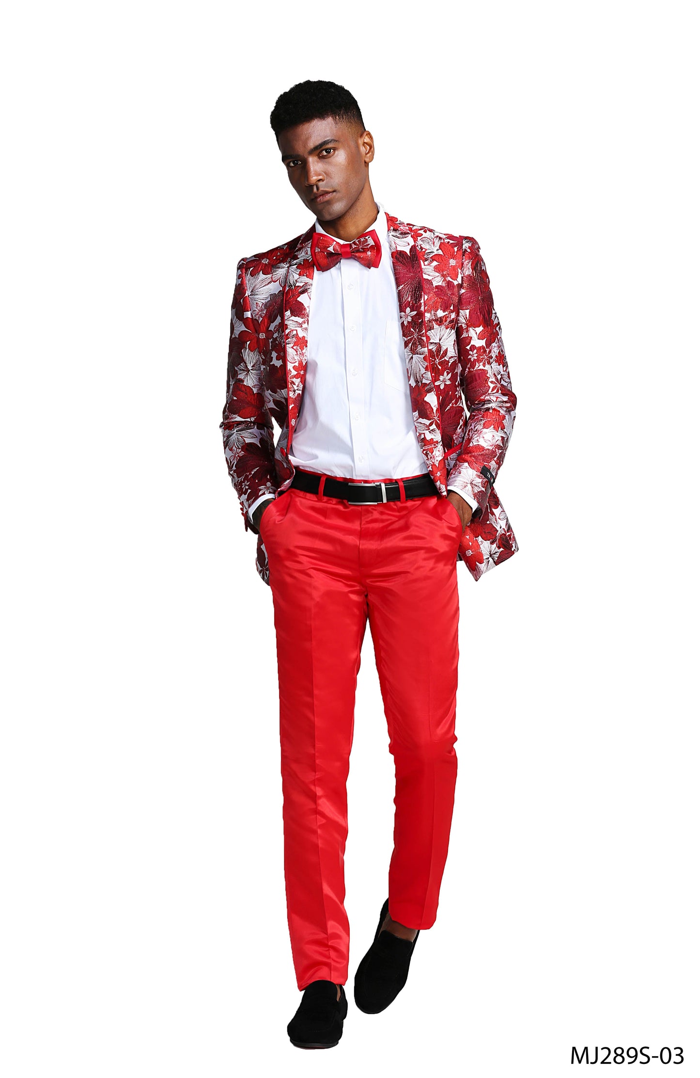 Red Floral Shawl Lapel Slim Fit Tazzio Men's Jacket With Matching BowTie