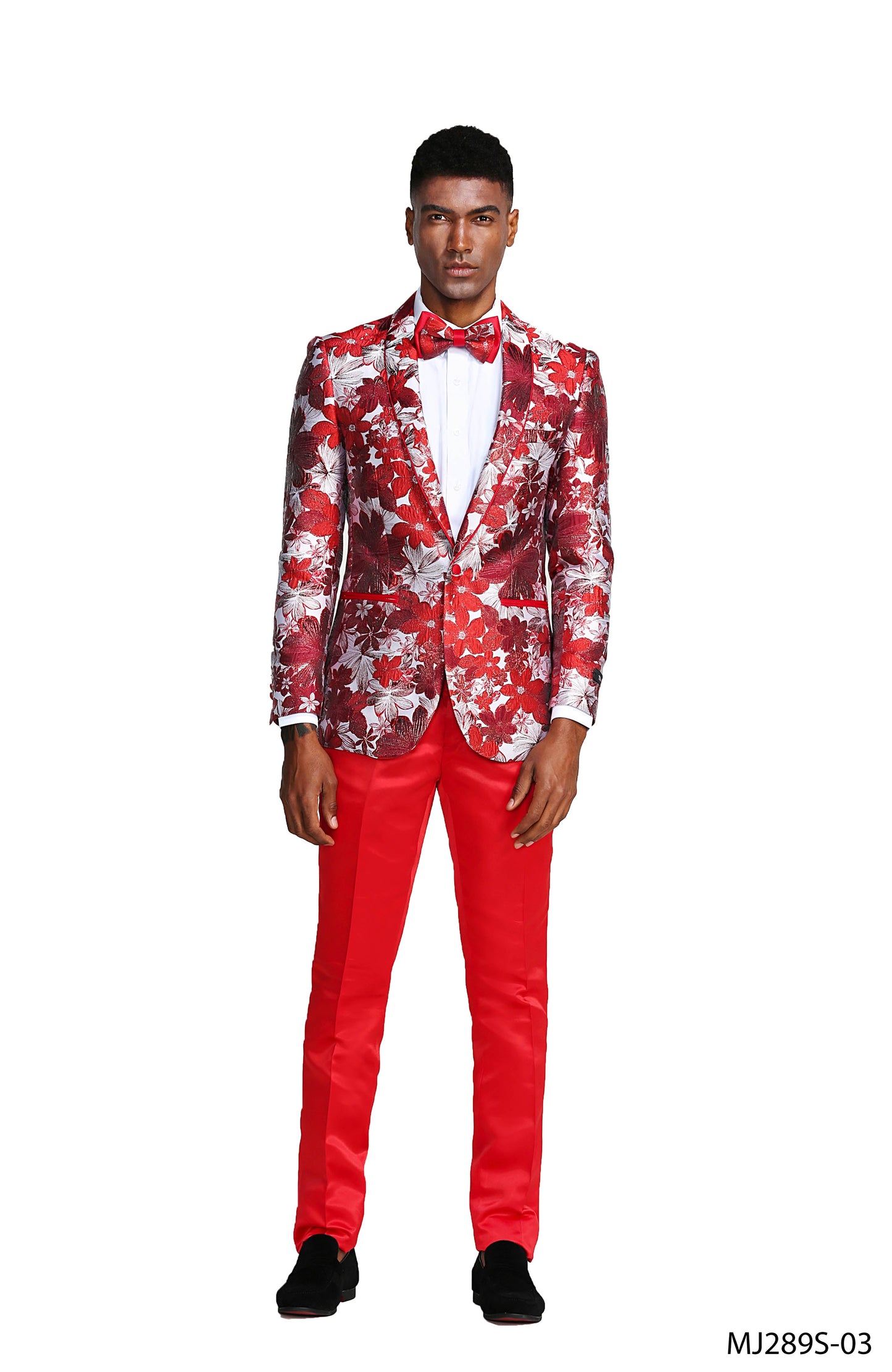 Red Floral Shawl Lapel Slim Fit Tazzio Men's Jacket With Matching BowTie