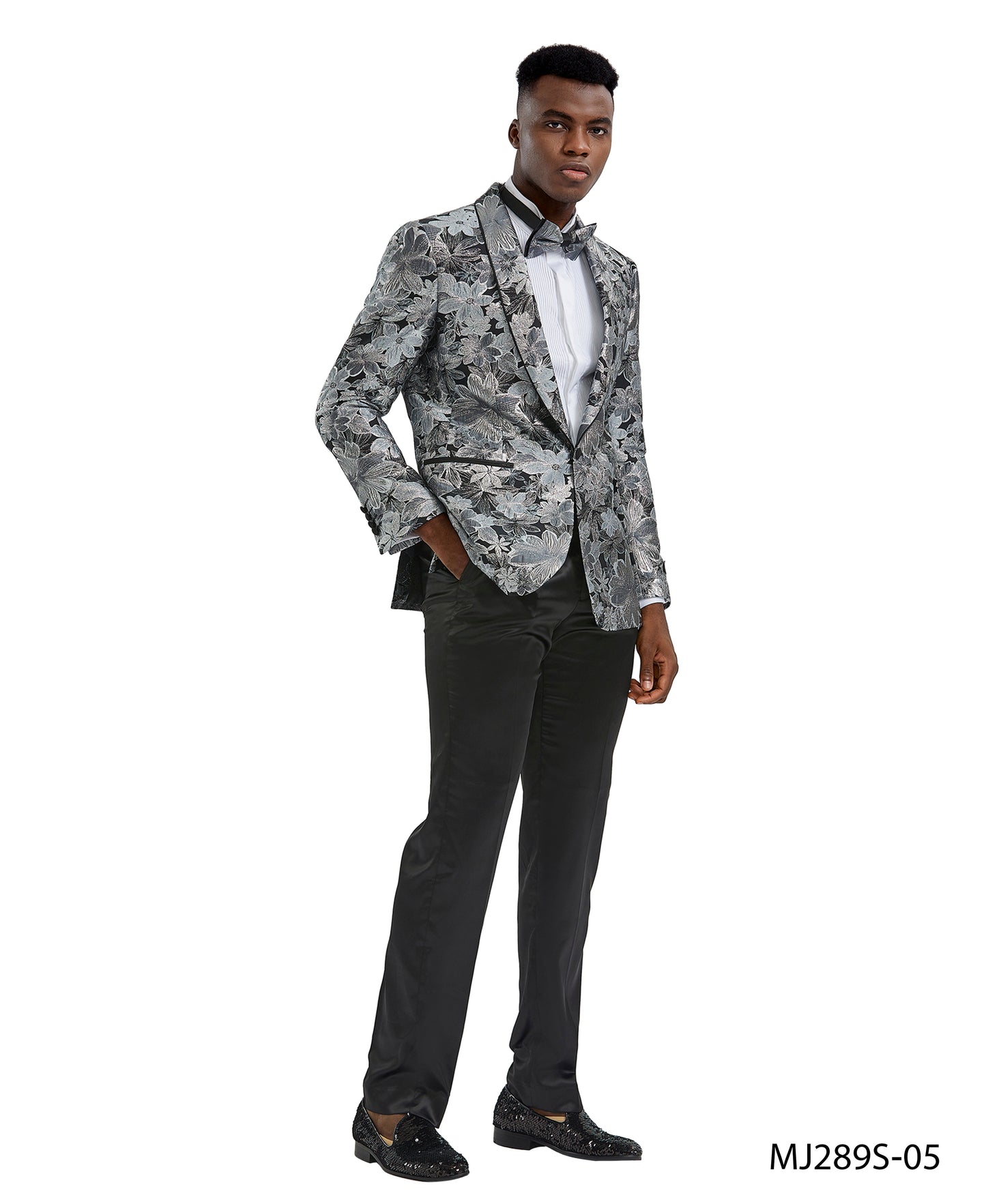 Silver Floral Shawl Lapel Slim Fit Tazzio Men's Jacket With Matching BowTie