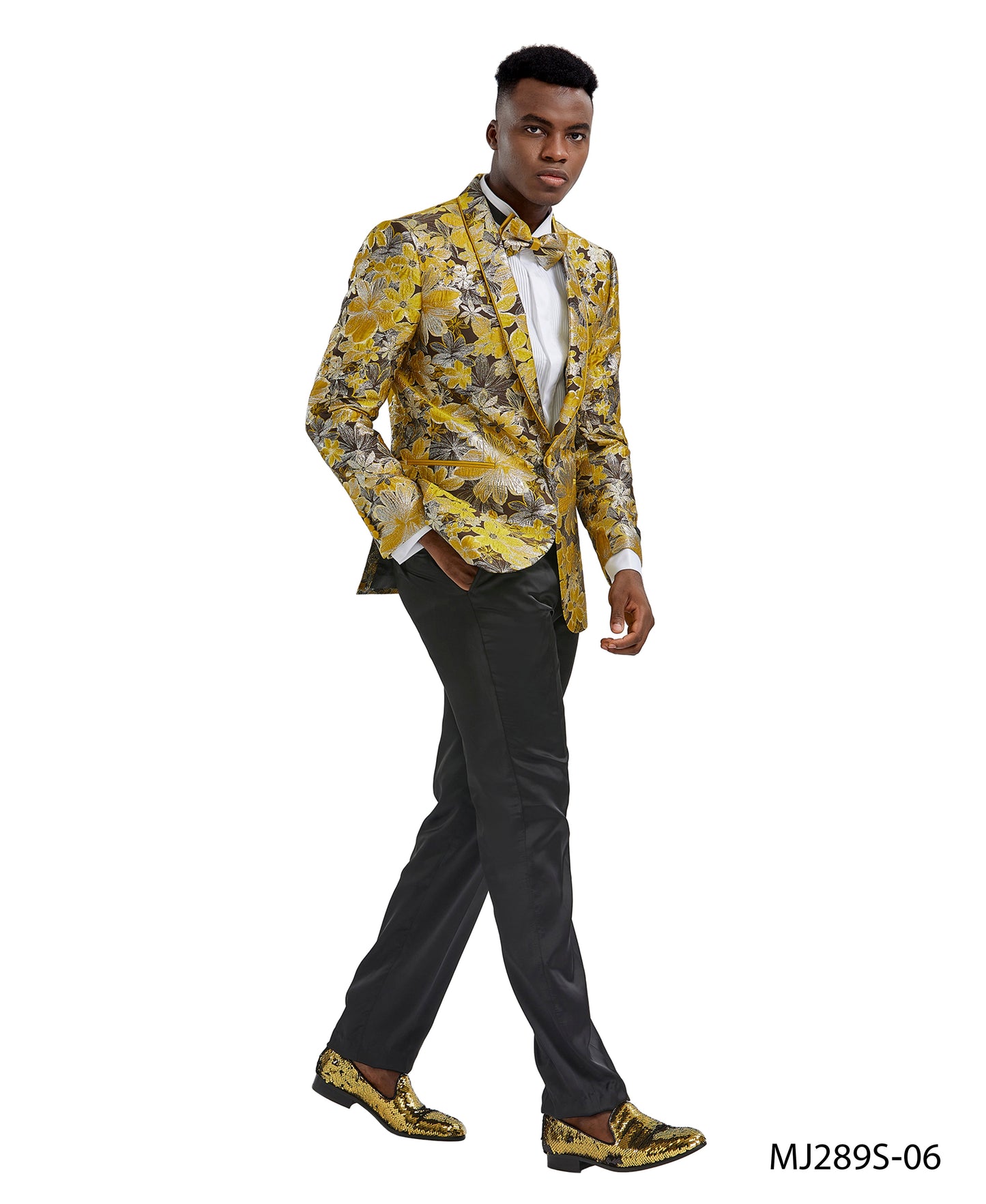 Gold Floral Shawl Lapel Slim Fit Tazzio Men's Jacket With Matching BowTie