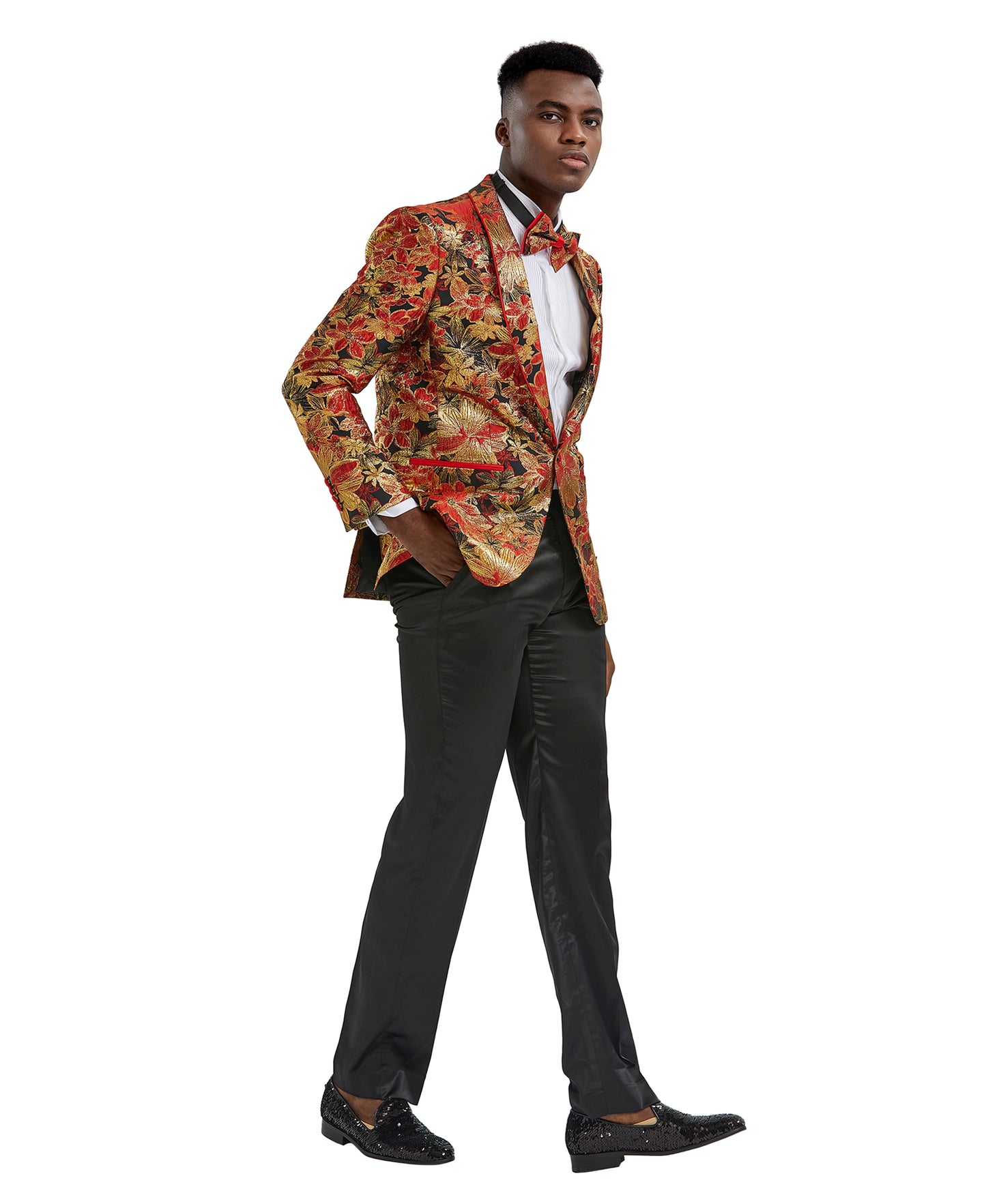 Red Floral Shawl Lapel Slim Fit Tazzio Men's Jacket With Matching BowTie