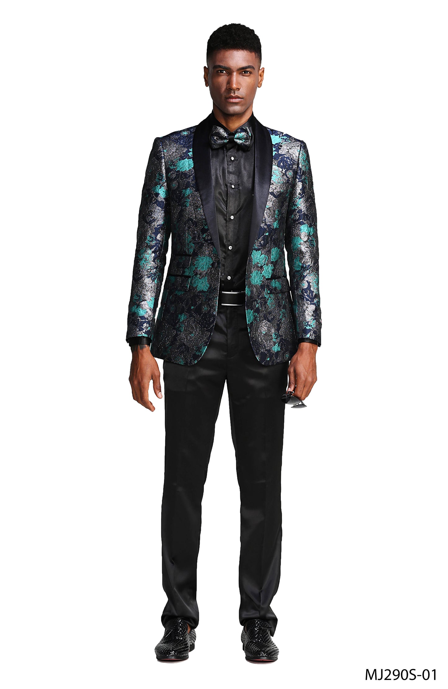 Turquoise Floral Satin Shawl Lapel Slim Fit Tazzio Men's Jacket With Matching BowTie