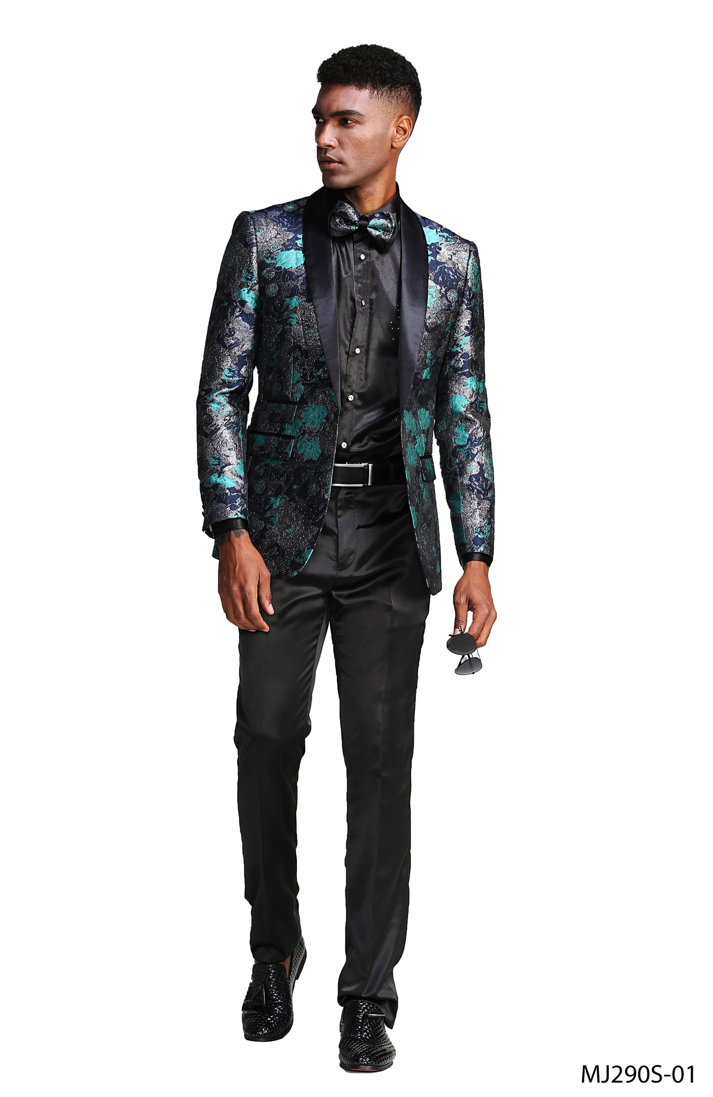 Turquoise Floral Satin Shawl Lapel Slim Fit Tazzio Men's Jacket With Matching BowTie