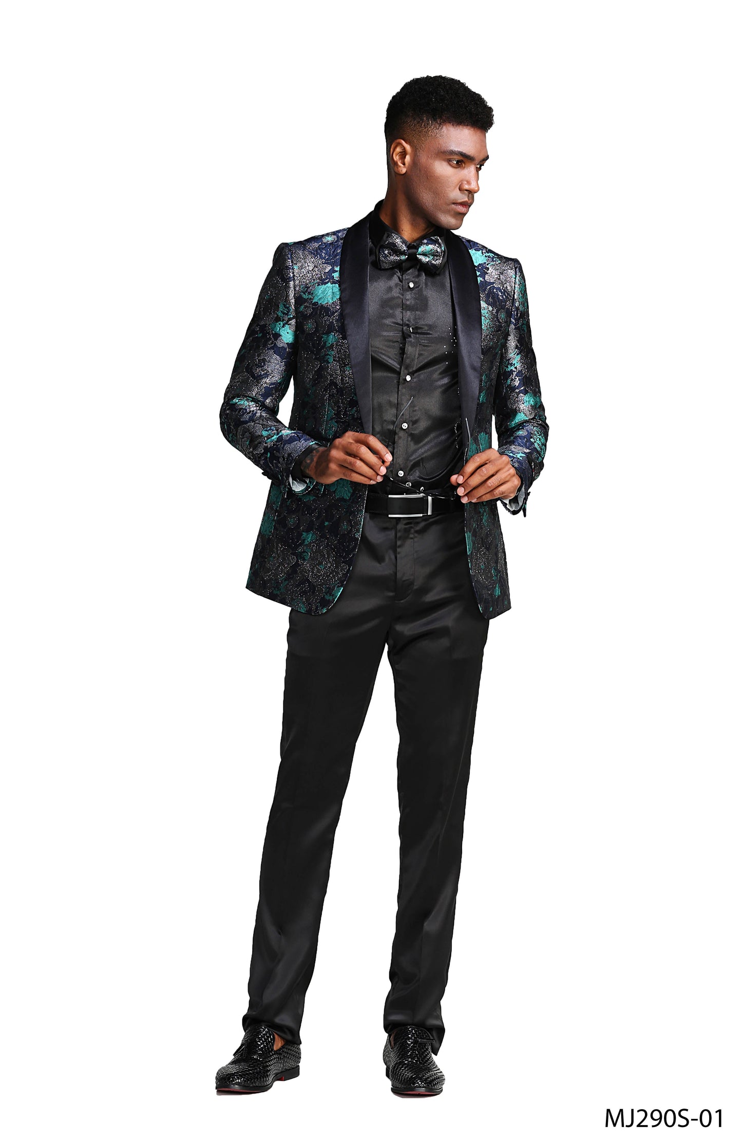 Turquoise Floral Satin Shawl Lapel Slim Fit Tazzio Men's Jacket With Matching BowTie