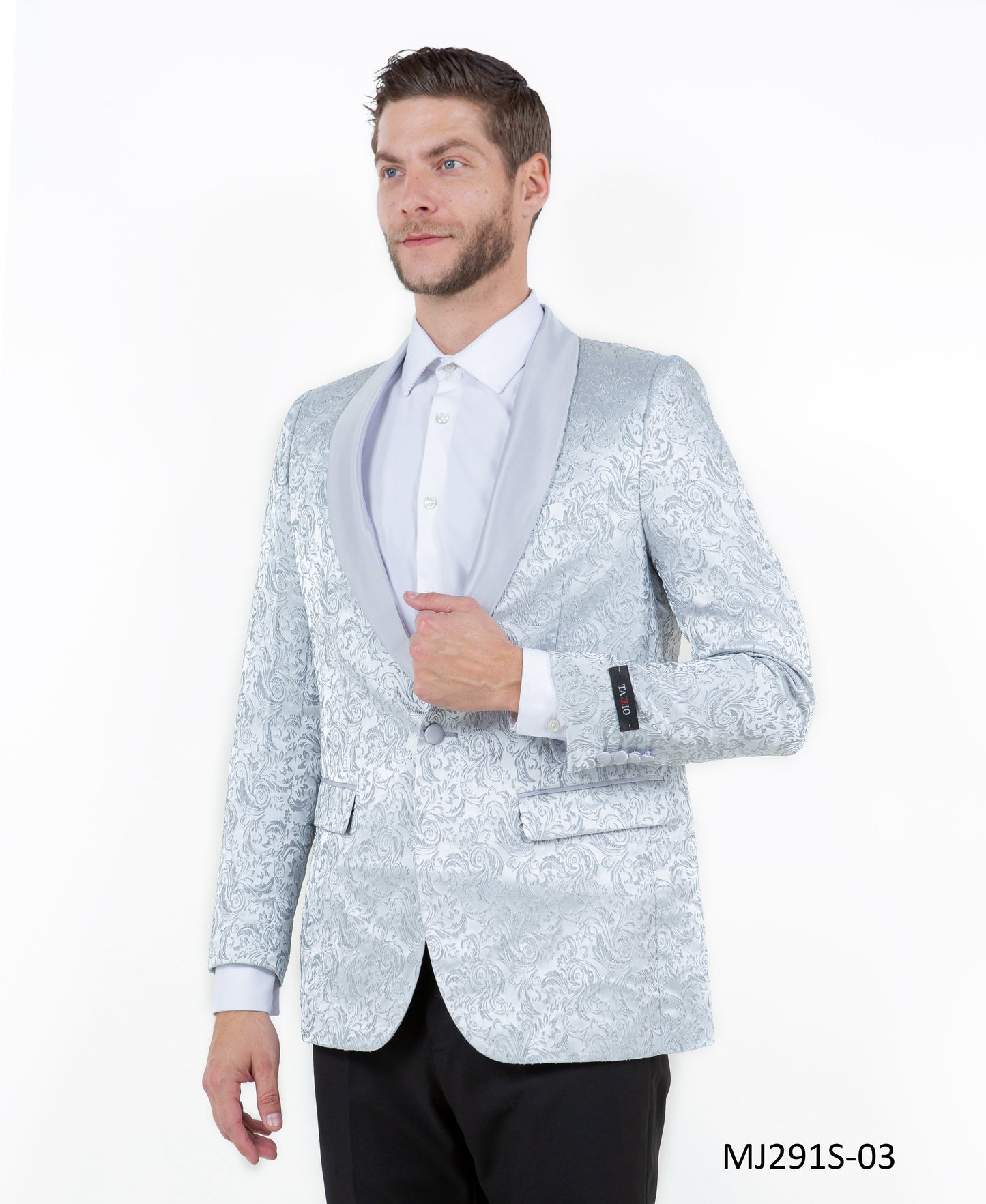 Silver Paisley Satin Shawl Lapel Slim Fit Tazzio Men's Jacket With Matching Bowtie