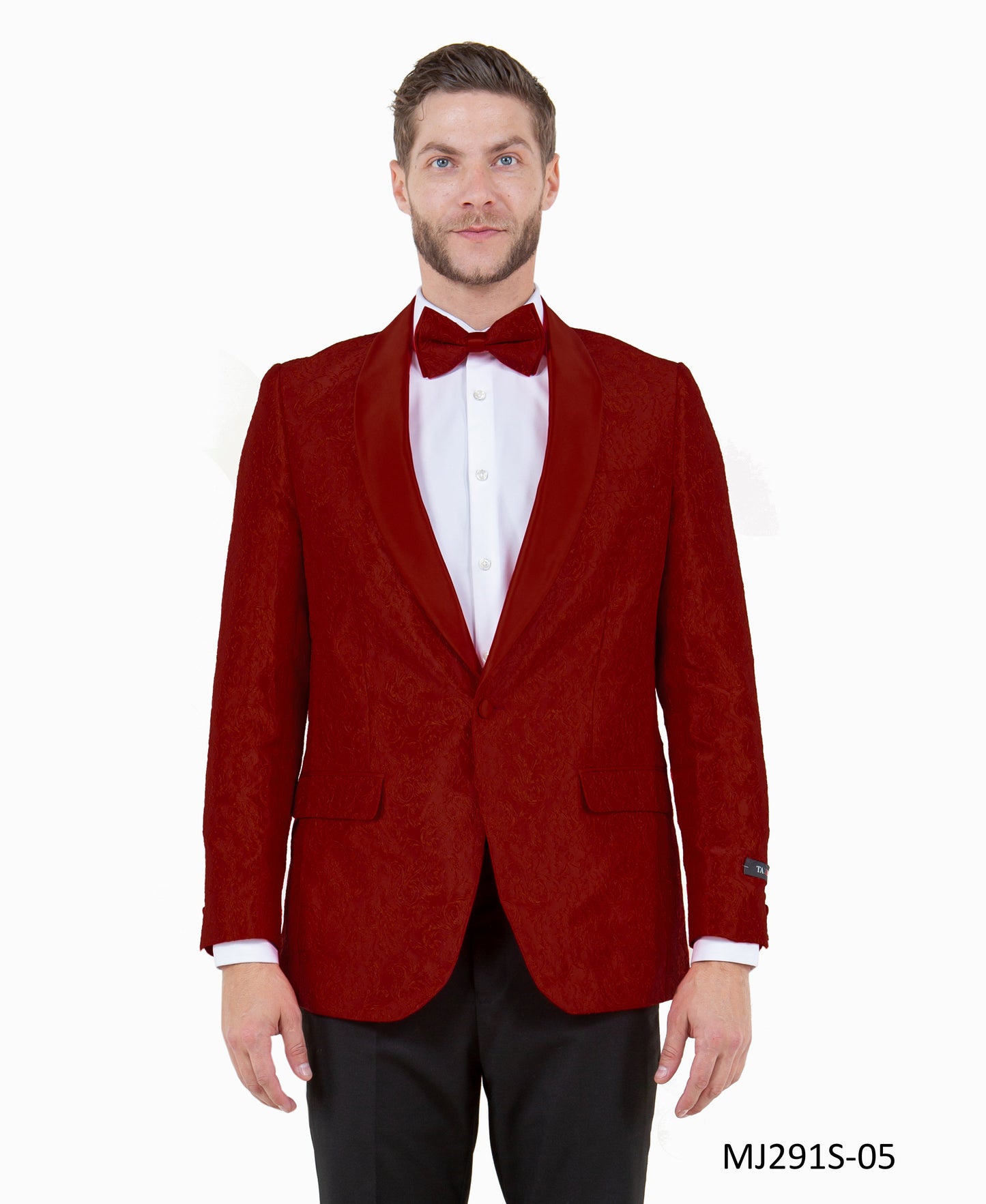 Burgundy Paisley Satin Shawl Lapel Slim Fit Tazzio Men's Jacket With Matching Bowtie