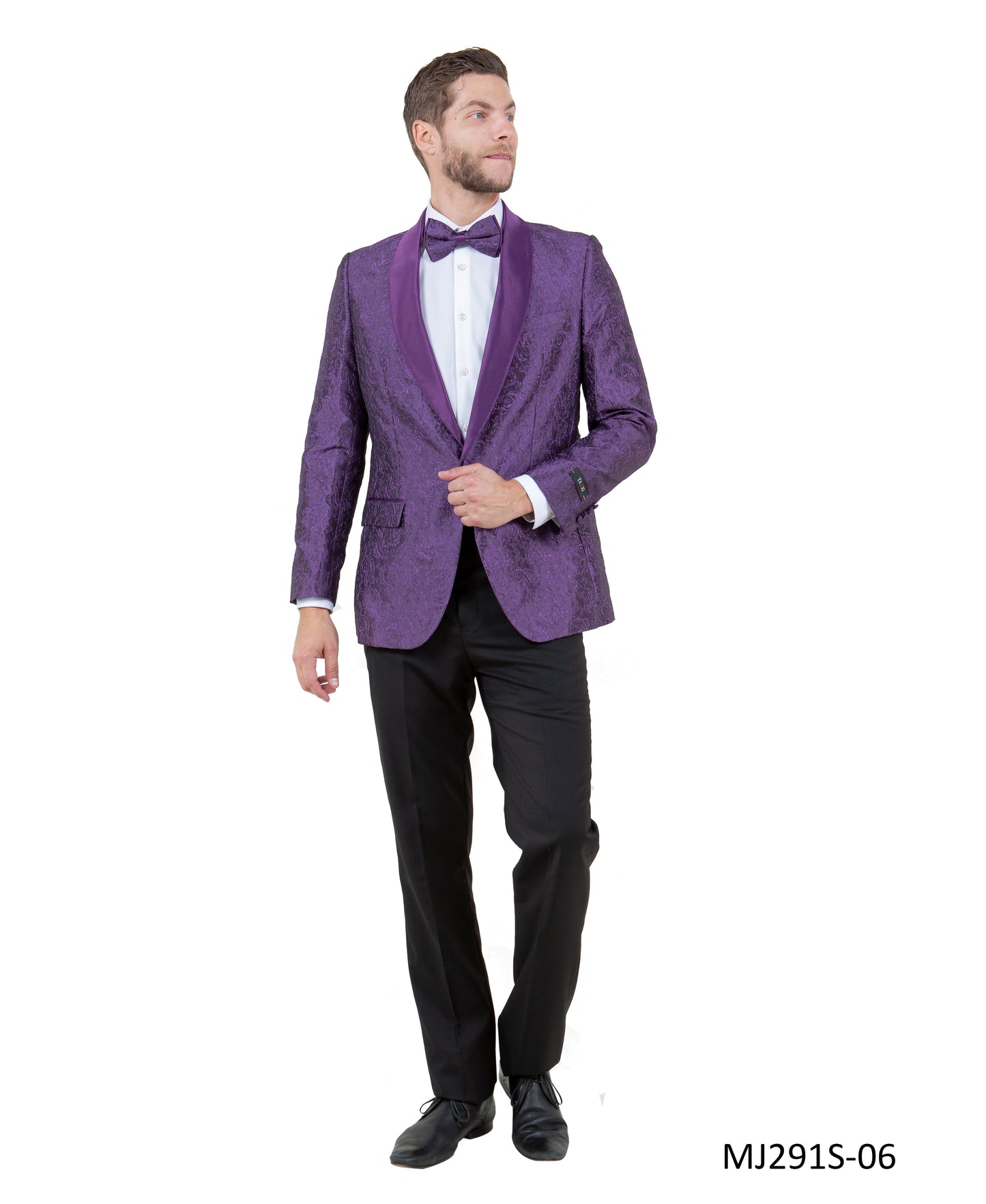 Purple Paisley Satin Shawl Lapel Slim Fit Tazzio Men's Jacket With Matching Bowtie