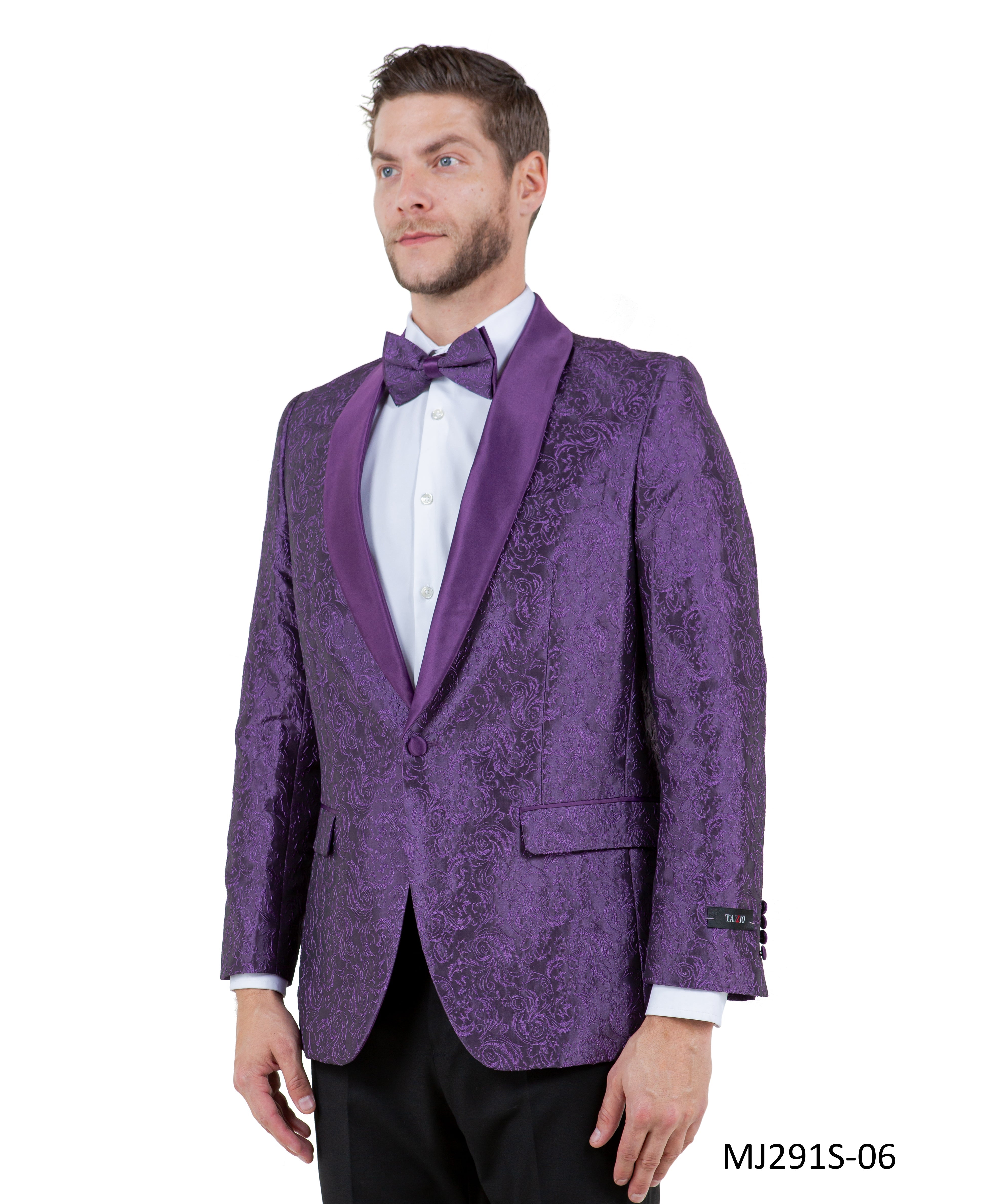 Purple Paisley Satin Shawl Lapel Slim Fit Tazzio Men s Jacket With Mat Elite Gentlemen Outfits LLC