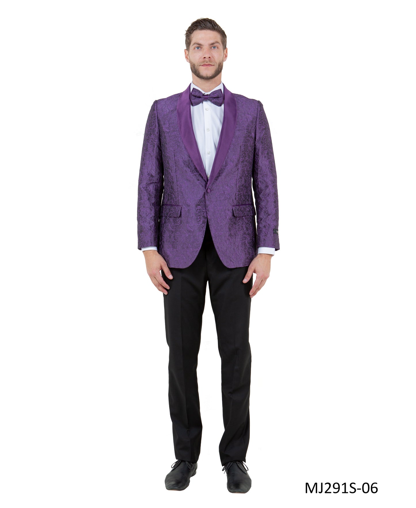 Purple Paisley Satin Shawl Lapel Slim Fit Tazzio Men's Jacket With Matching Bowtie