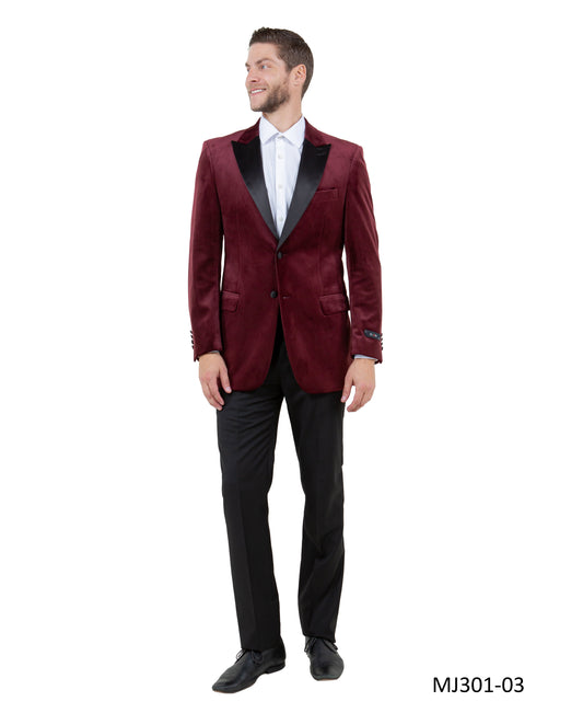 Burgundy Velvet Modern Fit Satin Peak Lapel Tazzio Men's Jacket