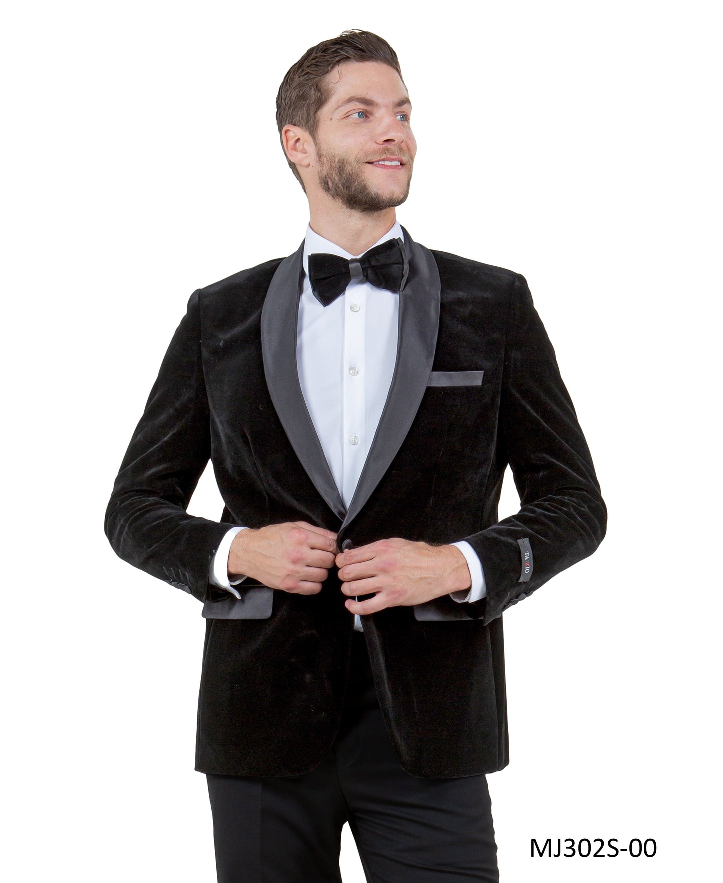 Black Velvet Satin Shawl Lapel Slim Fit Tazzio Men's Jacket  With Matching Bowtie