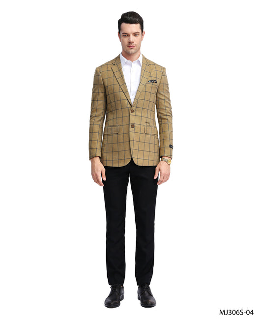 Gold Checker Plaid Notch Lapel Slim Fit Tazzio Men's Jacket