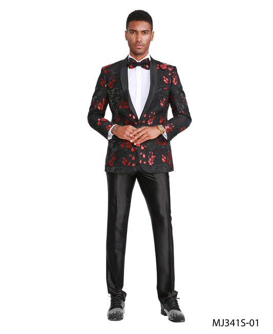 Red Floral Black Shawl Lapel Slim Fit Tazzio Men's Jacket With Matching Bowtie