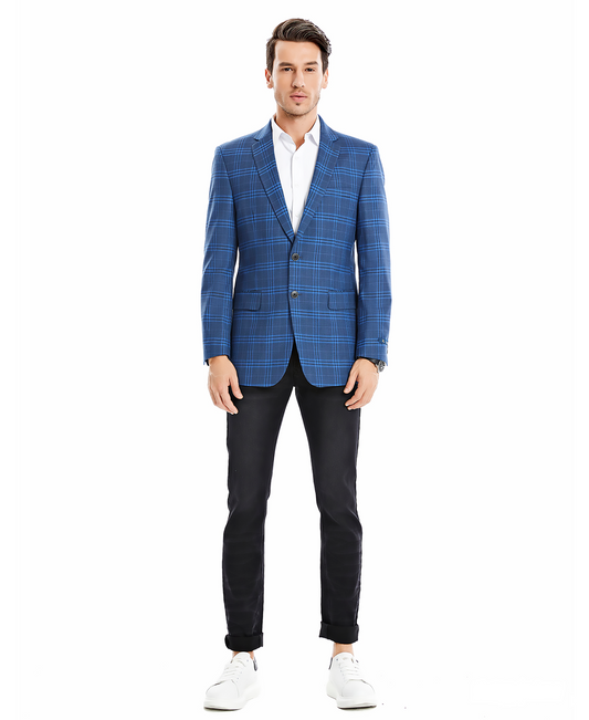 Dark Blue Plaid Notch Lapel Modern Fit Zegarie Men's Jacket