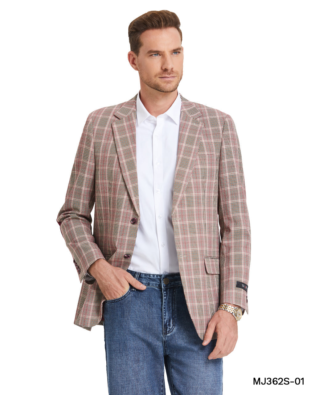 Burgundy Glen Plaid Notch Lapel Slim Fit Tazzio Men's Jacket With Elbow Patch