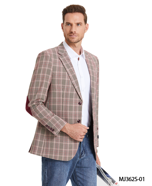 Burgundy Glen Plaid Notch Lapel Slim Fit Tazzio Men's Jacket With Elbow Patch