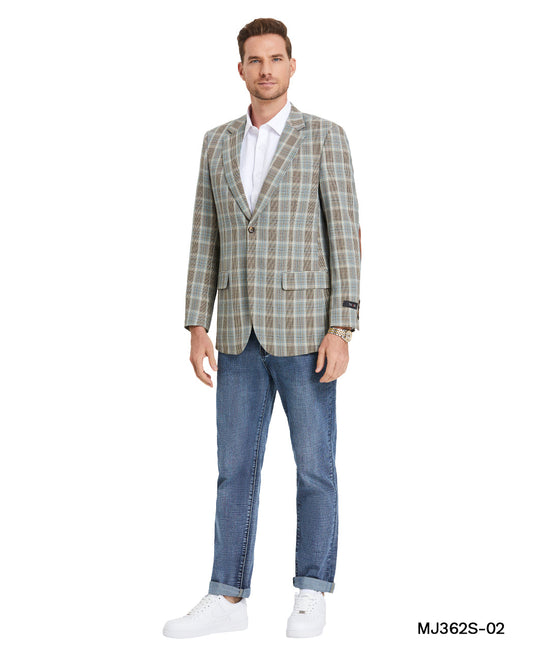 Camel Glen Plaid Notch Lapel Slim Fit Tazzio Men's Jacket With Elbow Patch