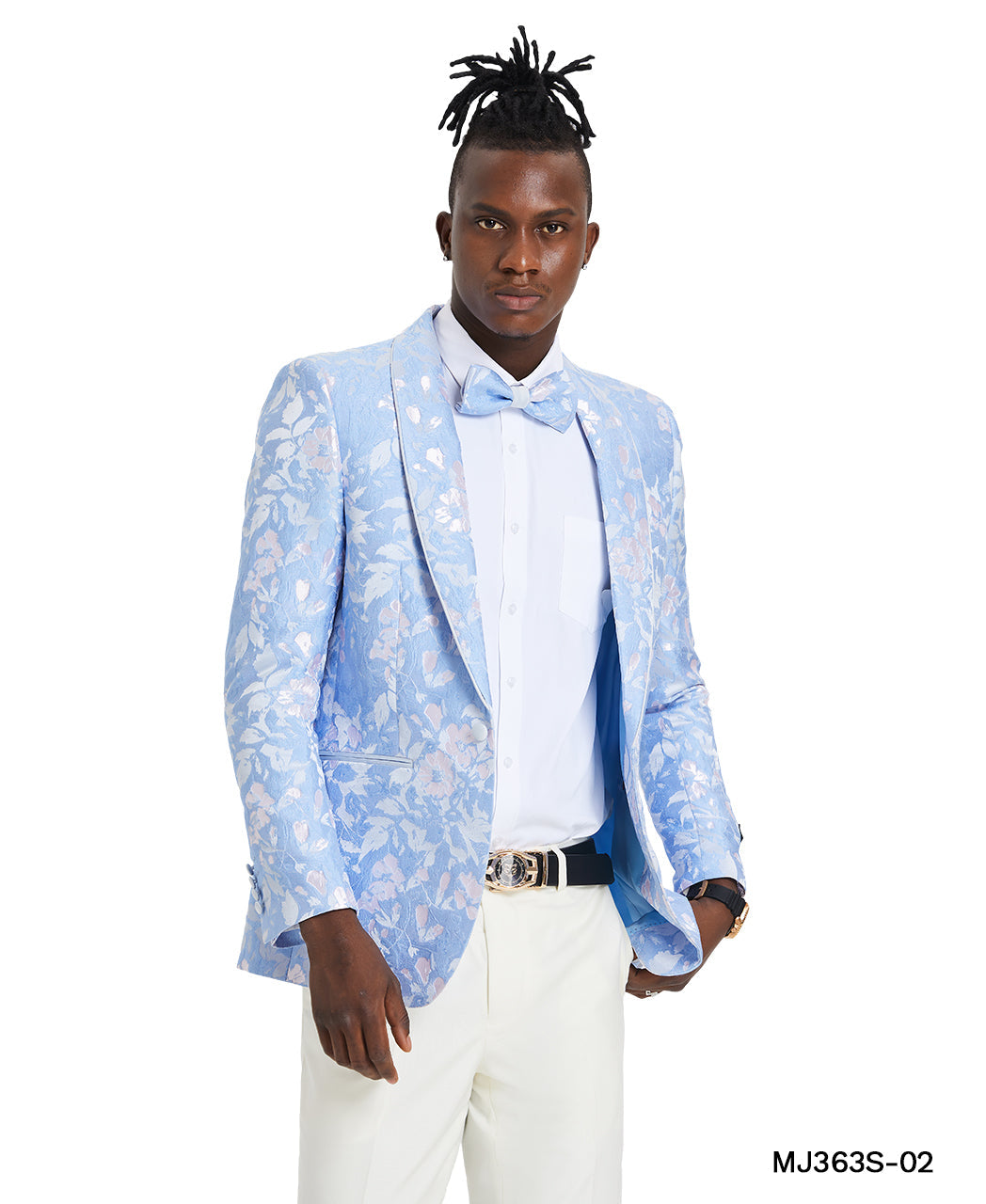 Sky/Silver Floral Paisley Shawl Lapel Slim Fit Tazzio Men's Jacket With Matching Bow Tie