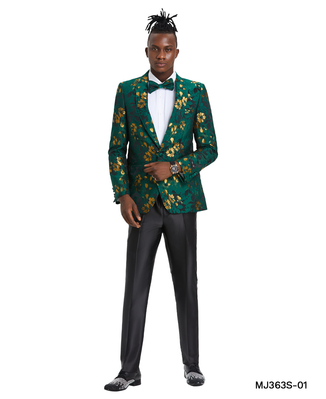 Green/Gold Floral Paisley Shawl Lapel Slim Fit Tazzio Men's Jacket With Matching Bow Tie