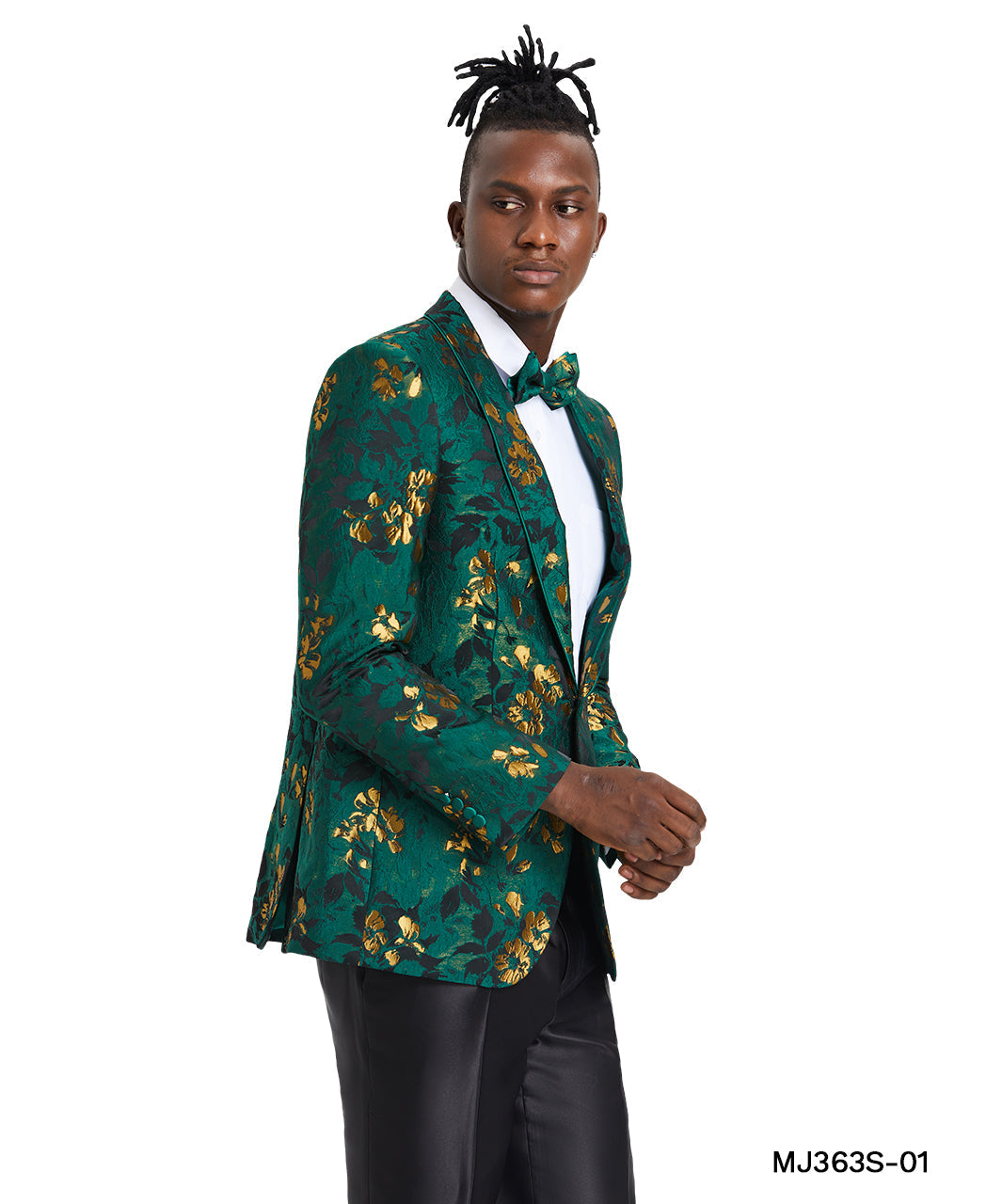 Green/Gold Floral Paisley Shawl Lapel Slim Fit Tazzio Men's Jacket With Matching Bow Tie