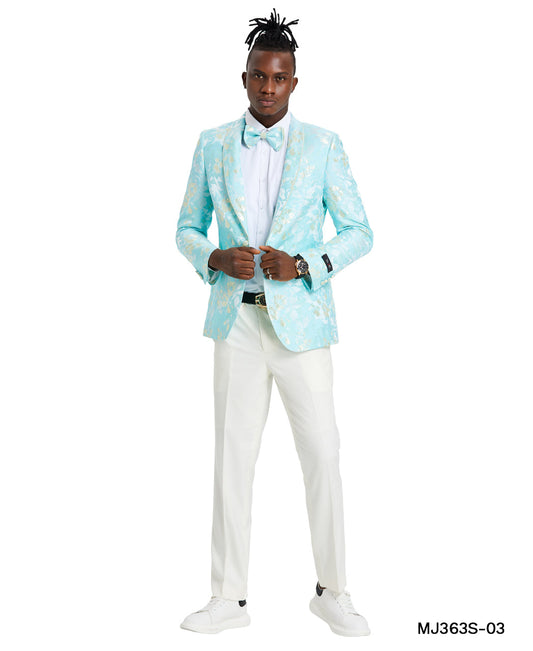 Mint/Yellow Floral Paisley Shawl Lapel Slim Fit Tazzio Men's Jacket With Matching Bow Tie