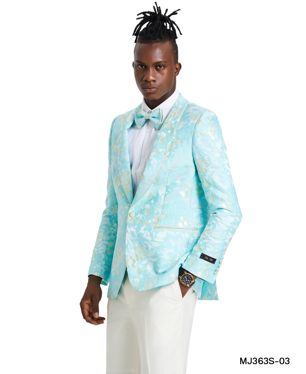 Mint/Yellow Floral Paisley Shawl Lapel Slim Fit Tazzio Men's Jacket With Matching Bow Tie