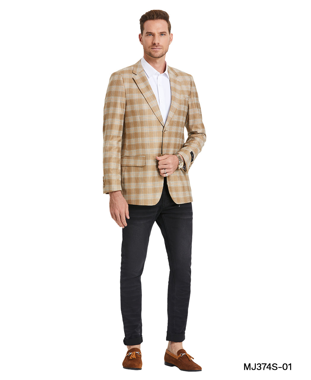 Khaki Madras Plaid Notch Lapel Slim Fit Tazzio Men's Jacket