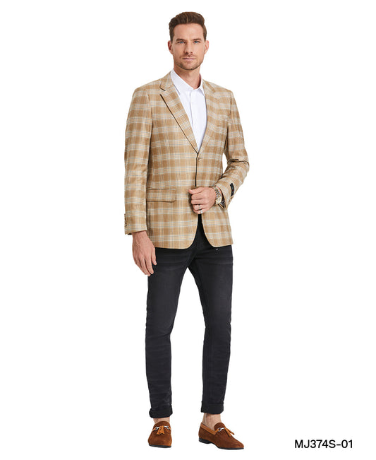 Khaki Madras Plaid Notch Lapel Slim Fit Tazzio Men's Jacket