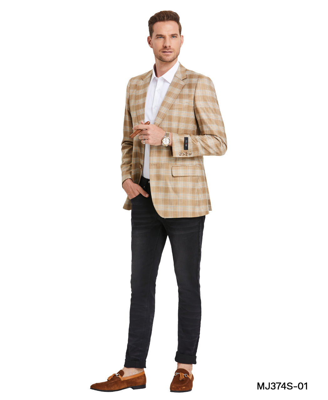 Khaki Madras Plaid Notch Lapel Slim Fit Tazzio Men's Jacket