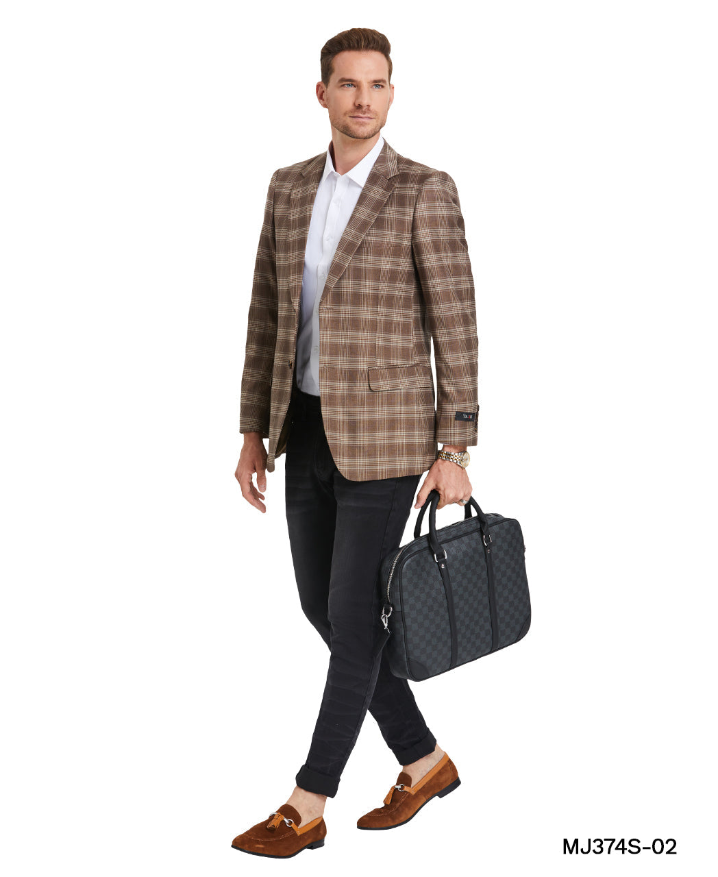 Camel Madras Plaid Notch Lapel Slim Fit Tazzio Men's Jacket