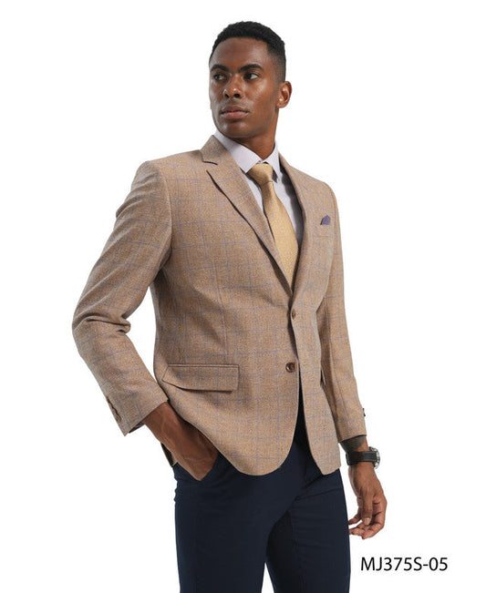 Light Brown Windowpane Notch Lapel Slim Fit Tazzio Men's Jacket