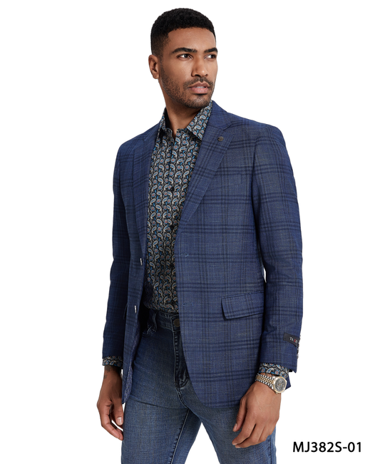 Blue Glen Plaid Notch Lapel Slim Fit Tazzio Men's Jacket