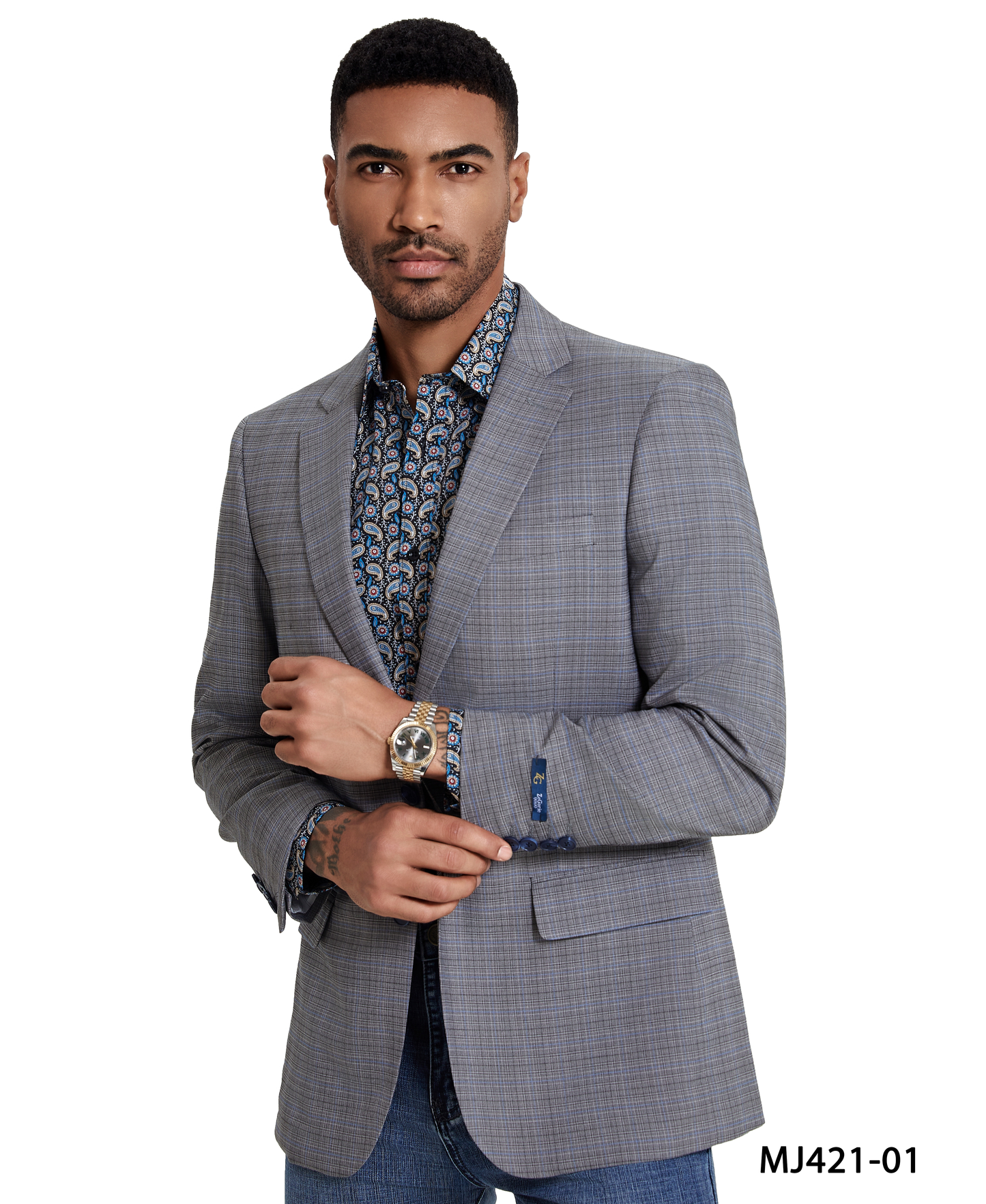 Grey Tattersall Plaid Notch Lapel Modern Fit Zegarie Men's Jacket