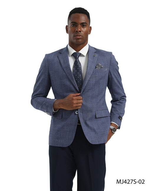 Indigo Textured Windowpane Notch Lapel Slim Fit Tazzio Men's Jacket