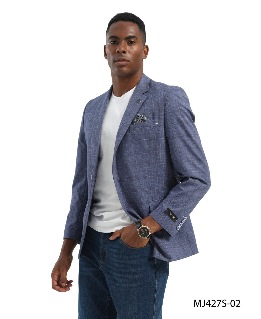Indigo Textured Windowpane Notch Lapel Slim Fit Tazzio Men's Jacket