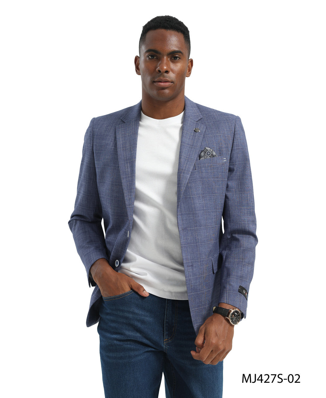 Indigo Textured Windowpane Notch Lapel Slim Fit Tazzio Men's Jacket