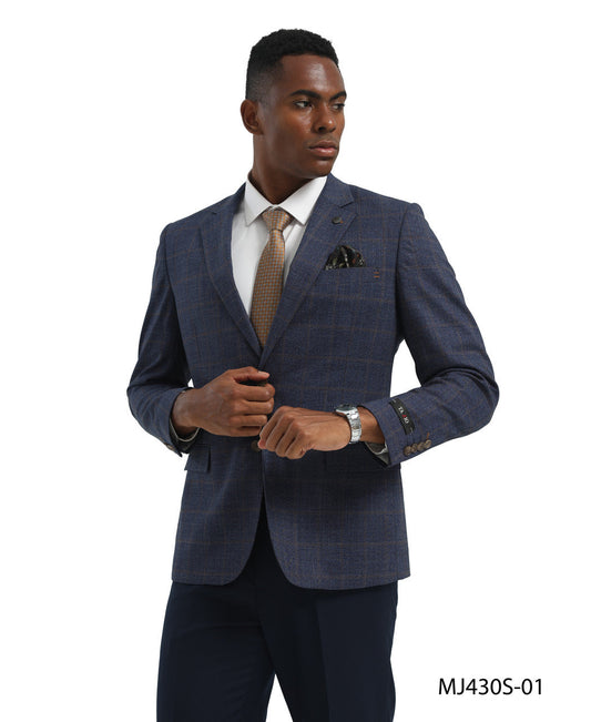 Blue Textured Windowpane Notch Lapel Slim Fit Tazzio Men's Jacket
