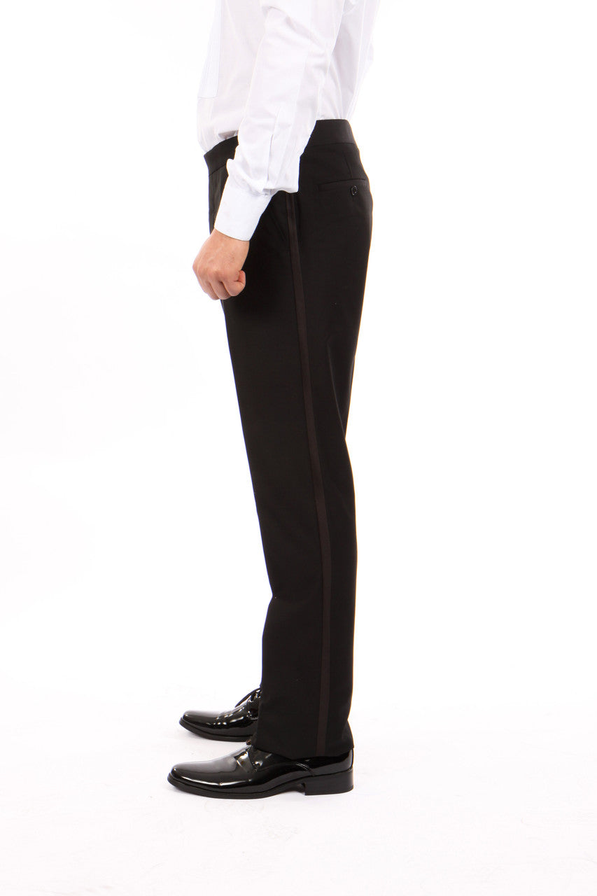 Premium Black Slim Fit Bryan Michaels Open Bottom Men's Tuxedo Pants With Satin Stripe