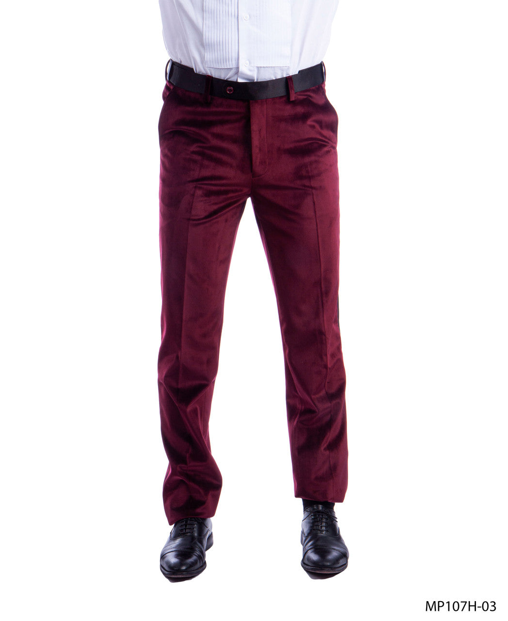 Burgundy Velvet Slim Fit Bryan Michaels Open Bottom Men's Tuxedo Pants With Satin Stripe