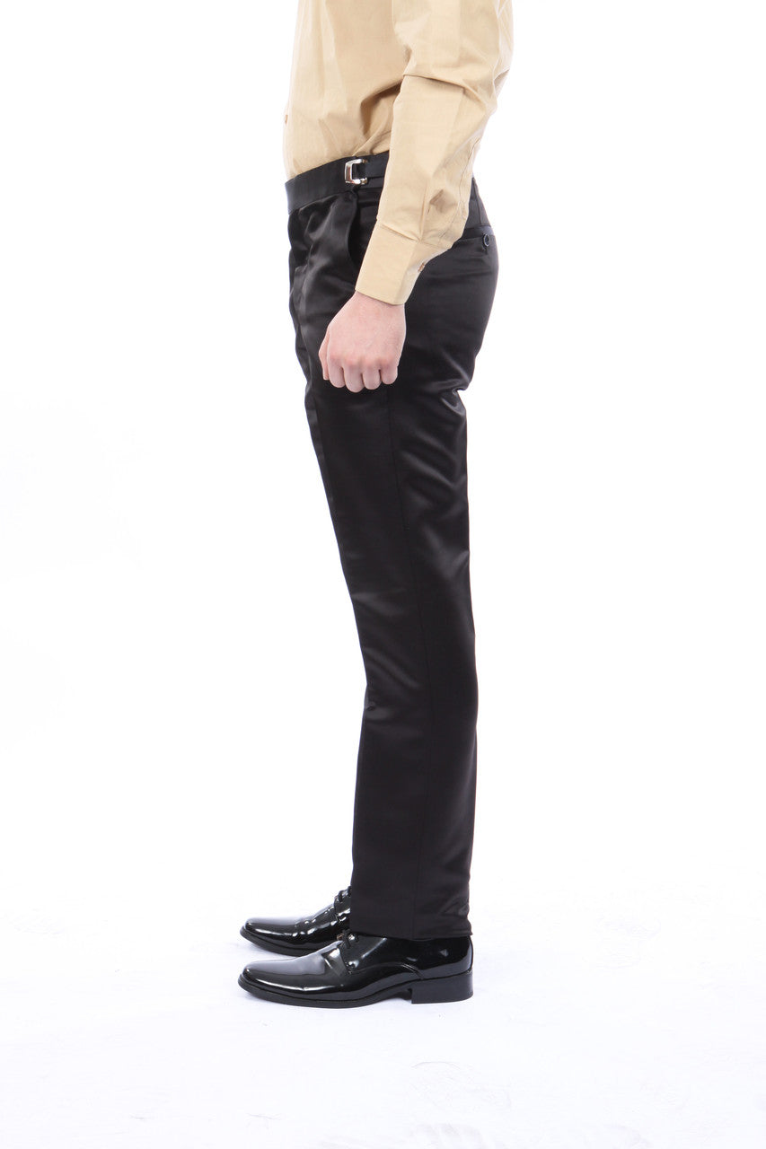 Black Satin Slim Fit Bryan Michaels Open Bottom Men's Tuxedo Pants