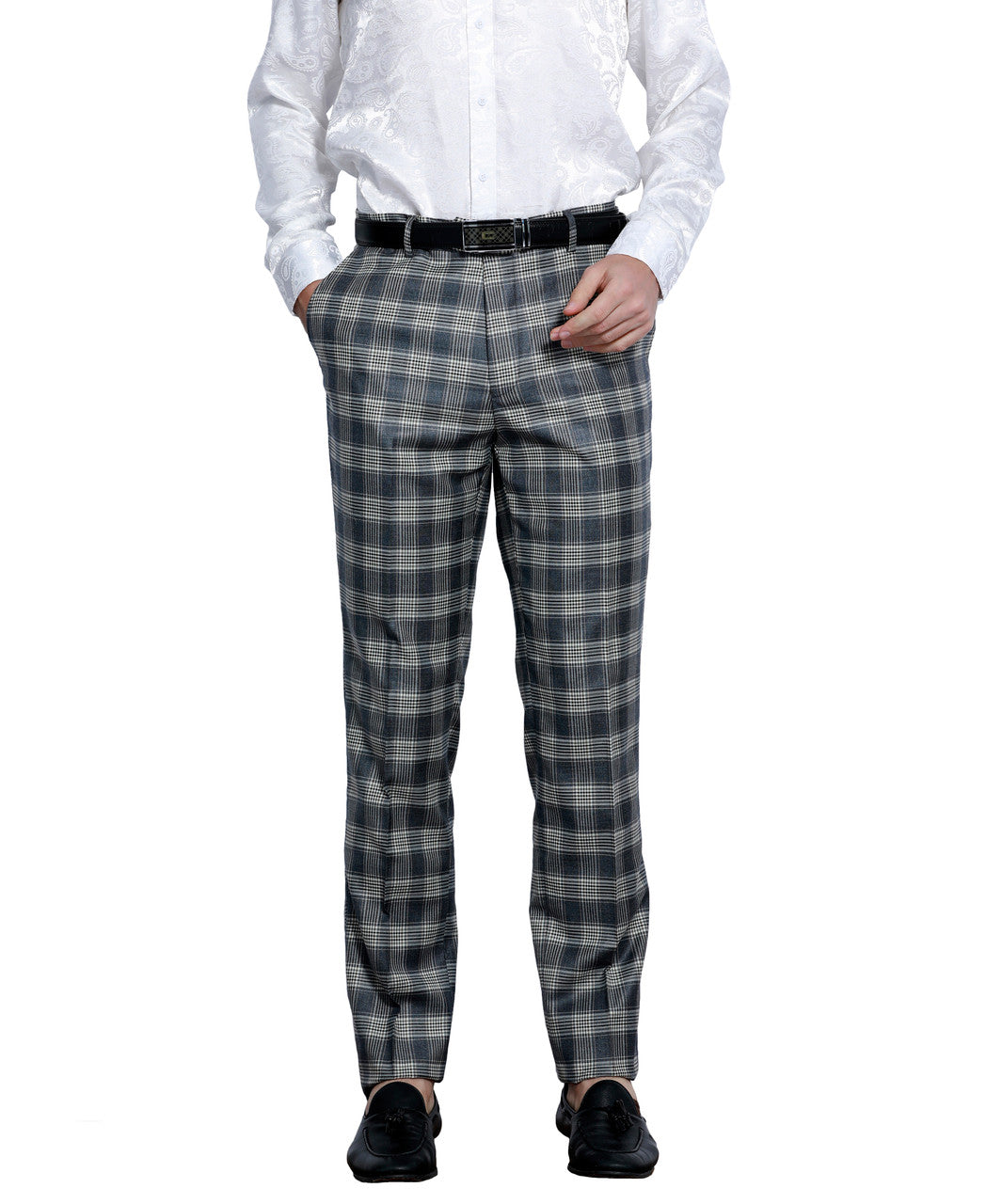 Navy Plaid Skinny Fit Open Bottom Tazzio Men's Pants