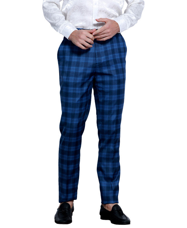 Blue Plaid Skinny Fit Open Bottom Tazzio Men's Pants