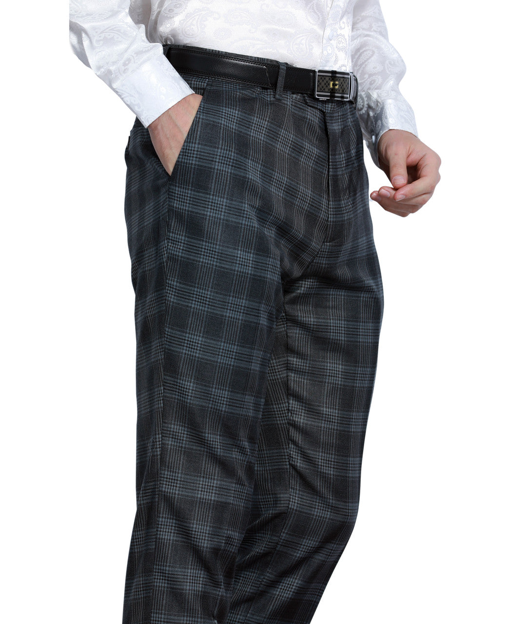 Charcoal Plaid Skinny Fit Open Bottom Tazzio Men's Pants