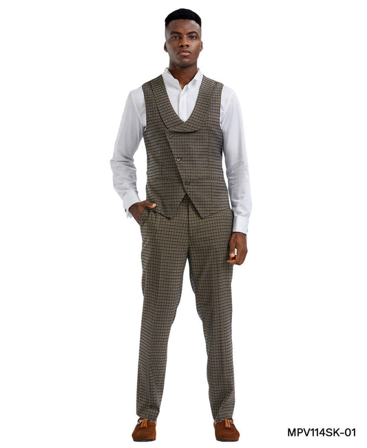 Rust Plaid Double Breasted Vest Pants Tazzio Men's Set