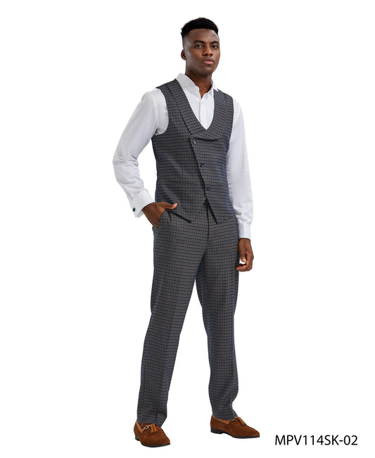 Navy Plaid Double Breasted Vest Pants Tazzio Men's Set