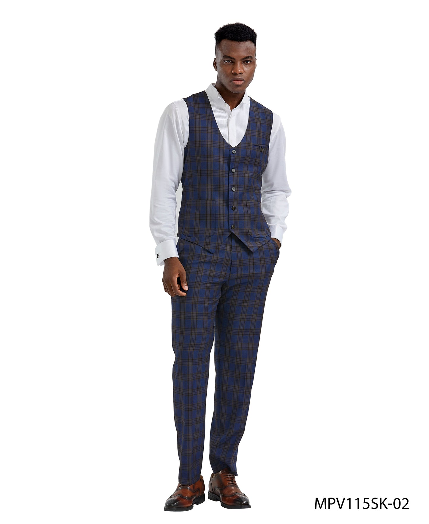 Blue Plaid Vest Pants Tazzio Men's Set