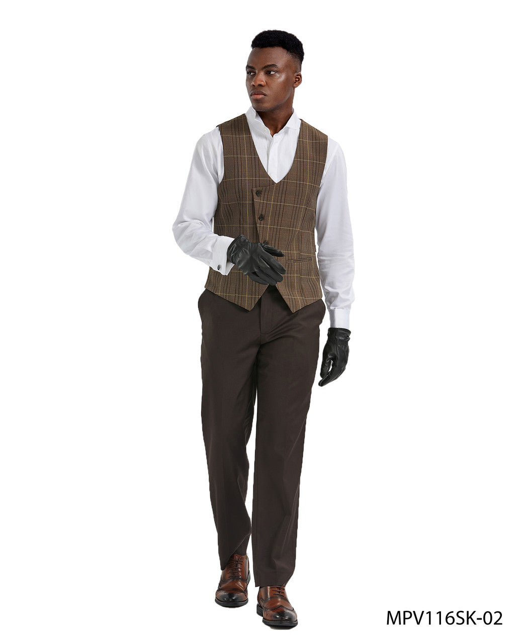 Brown Plaid Double Breasted Vest Pants Tazzio Men's Set