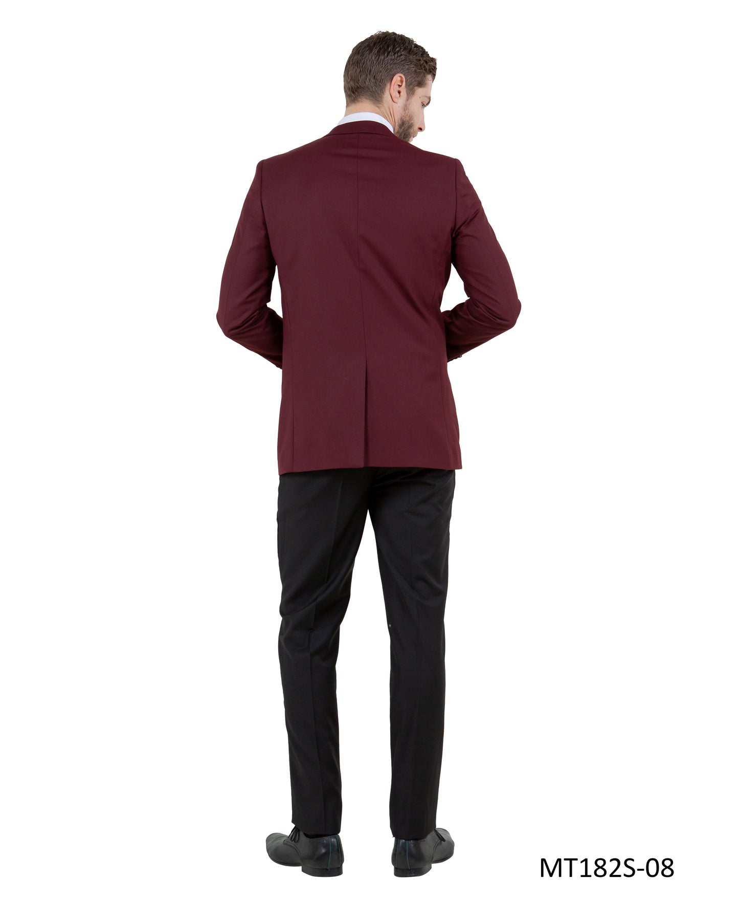 Burgundy on Black Satin Peak Lapel With Black Pants Slim Fit  2 Piece Bryan Michaels Men's Tuxedo