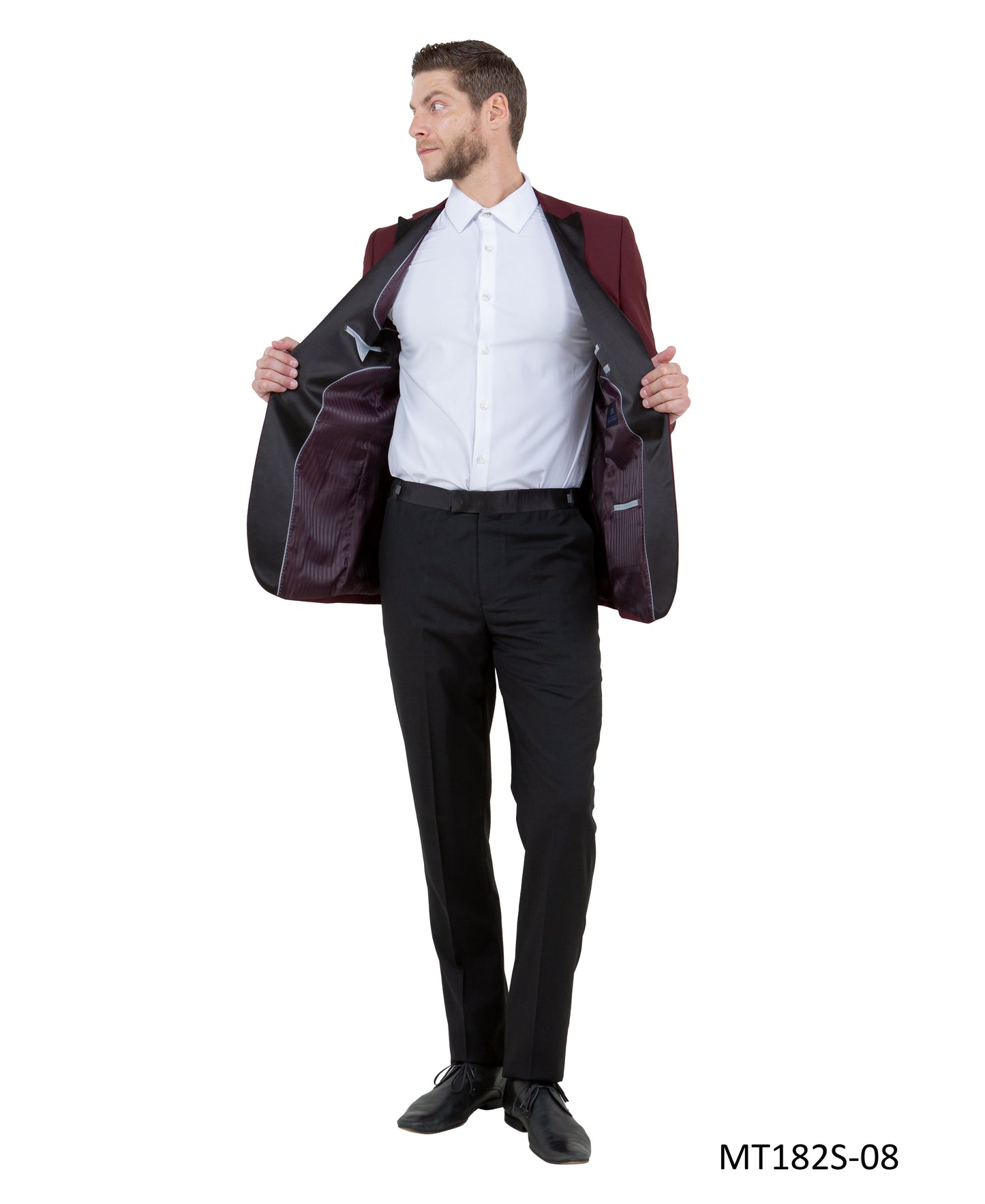 Burgundy on Black Satin Peak Lapel With Black Pants Slim Fit  2 Piece Bryan Michaels Men's Tuxedo